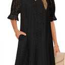 MEROKEETY Women's 2026 Summer Short Sleeve Mini Dress V Neck Ruffle Hollow Out Eyelet Lace Dresses (L)