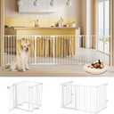 AGESISI Freestanding Dog Gates with Door Walk Through, Extra Wide Doggy Door 100" W x 29" H Pet Gate Safty 4 Panels Dog Fence for Stairs, Doorways, White