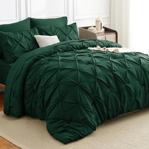 Queen Comforter Set Emerald Green - 7 Pieces Pintuck Bed in a Bag, Pinch Pleat Modern Room Decor, All-Season Soft Bedding Gift with Comforter, Sheets, Pillowcases & Shams