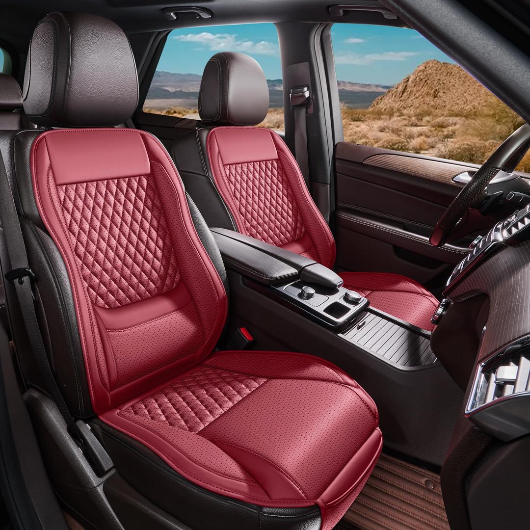 AuraSettle Premium Perforated Napa Leather Car Seat Covers Semi Universal Fit with Lumbar Support, Storage Bag for SUV Sedan Truck (Burgundy, Front Row Single seat)