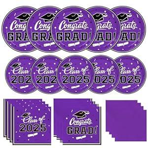 Graduation Party Plates and Napkins Gatherfun 2025 Graduation Party Supplies Purple Disposable Paper Plates Luncheon Cocktail Napkin for Congrats Grad Decorations, Serve 50