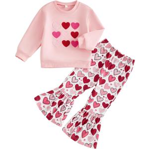 Toddler Baby Girl Valentines Outfit Love Heart Crew Neck Long Sleeve Sweatshirt and Flared Pants 2 Pcs Set (Pink)