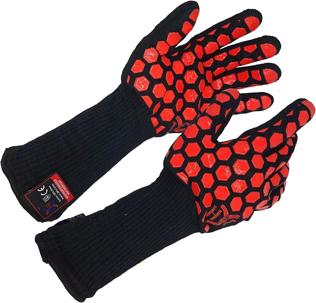 J H Heat Resistant Oven Glove:EN407 Certified 932 F, 2 Layers Silicone Coating, Oven Mitts for Cooking, Kitchen, Fireplace,Camping, Grilling (Black/Red, Extra Long Cuff)