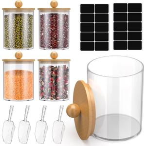 Baderke 4 Sets Plastic Canisters for Kitchen Counter with Bamboo Lids Acrylic Scoop Labels Cookie Jars with Wooden Lid Clear Food Container for Candy Buffet