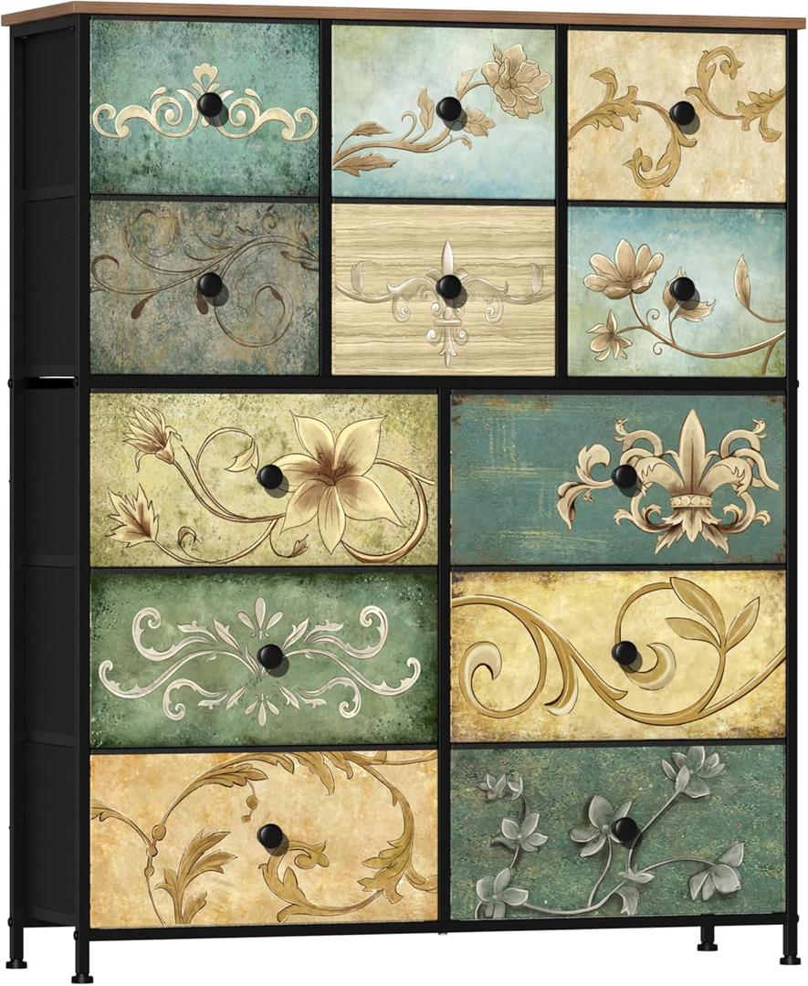 Tohomeor Dresser with Drawers for Bedroom Chest of Drawers Fabric Dresser for Closet,Nursery Entryway Hall Tree TV Stand for Living Room Retro Floral Pattern Drawers Wooden Top (12 Drawers) (11.8"D x 39"W x 48.4"H (12 Drawers))