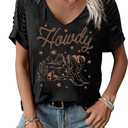 Howdy V-Neck Shirts Women Country Music Tshirt Western Graphic Tee Cowgirls Summer Cold Shoulder Country Concert Tops(Black3-XL)