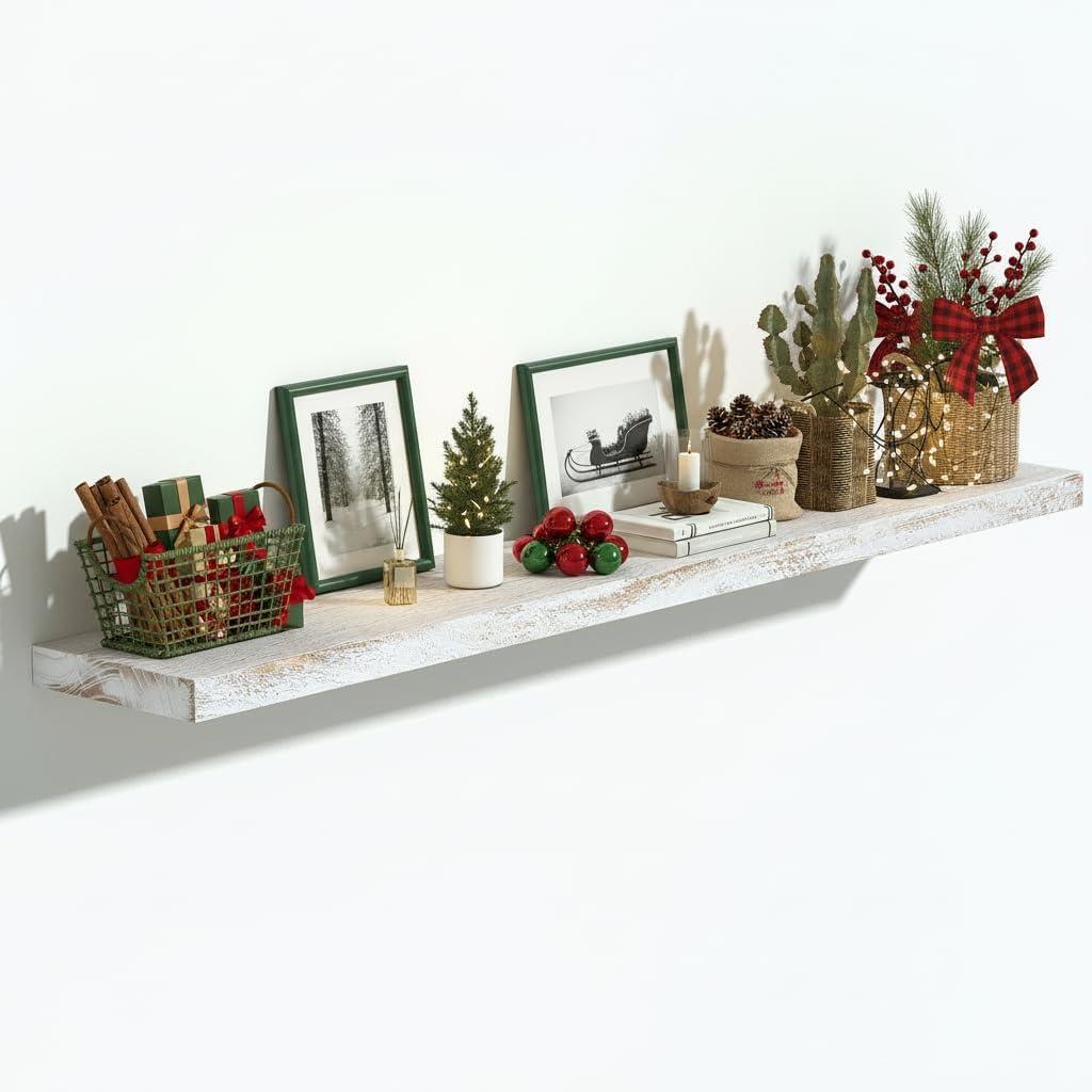 Vivelove Elm Wood Floating Shelf 48x8” Set of 1, Weathered White, 48x8”,Flat Edge