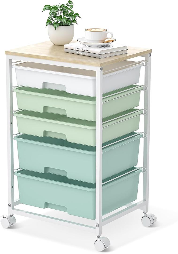 SYKIARIOL Utility Cart with 5 Drawers,Storage Cart with Wooden Tabletop and Lockable Wheels,Craft Storage Trolley Organizer,5-Tier Rolling Utility on Wheels,Light Green