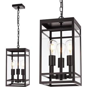 VINLUZ 3-Light Outdoor Pendant Light with Adjustable Chain, 16" Oil Rubbed Bronze Outdoor Hanging Light Fixture, Exterior Linear Hanging Lantern Chandelier for Entryway, Patio, Garden, Front Door