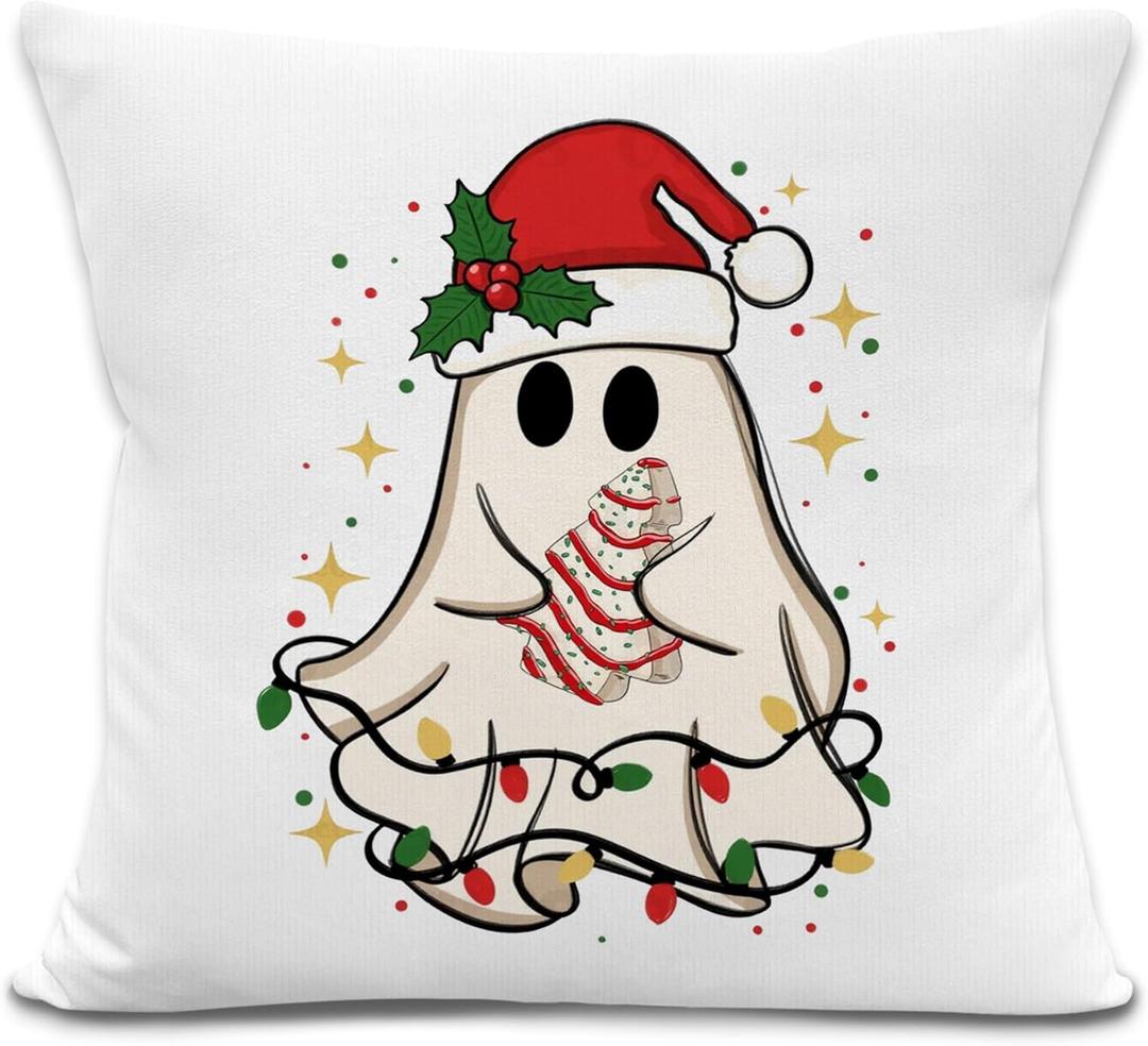 Christmas Ghost Pillow Covers 18x18 Inches, Winter Christmas Decorative Pillowcase Cases, Cute Winter Ghost Xmas Tree Throw Pillow Covers for Couch Sofa Bed Home Room Decor