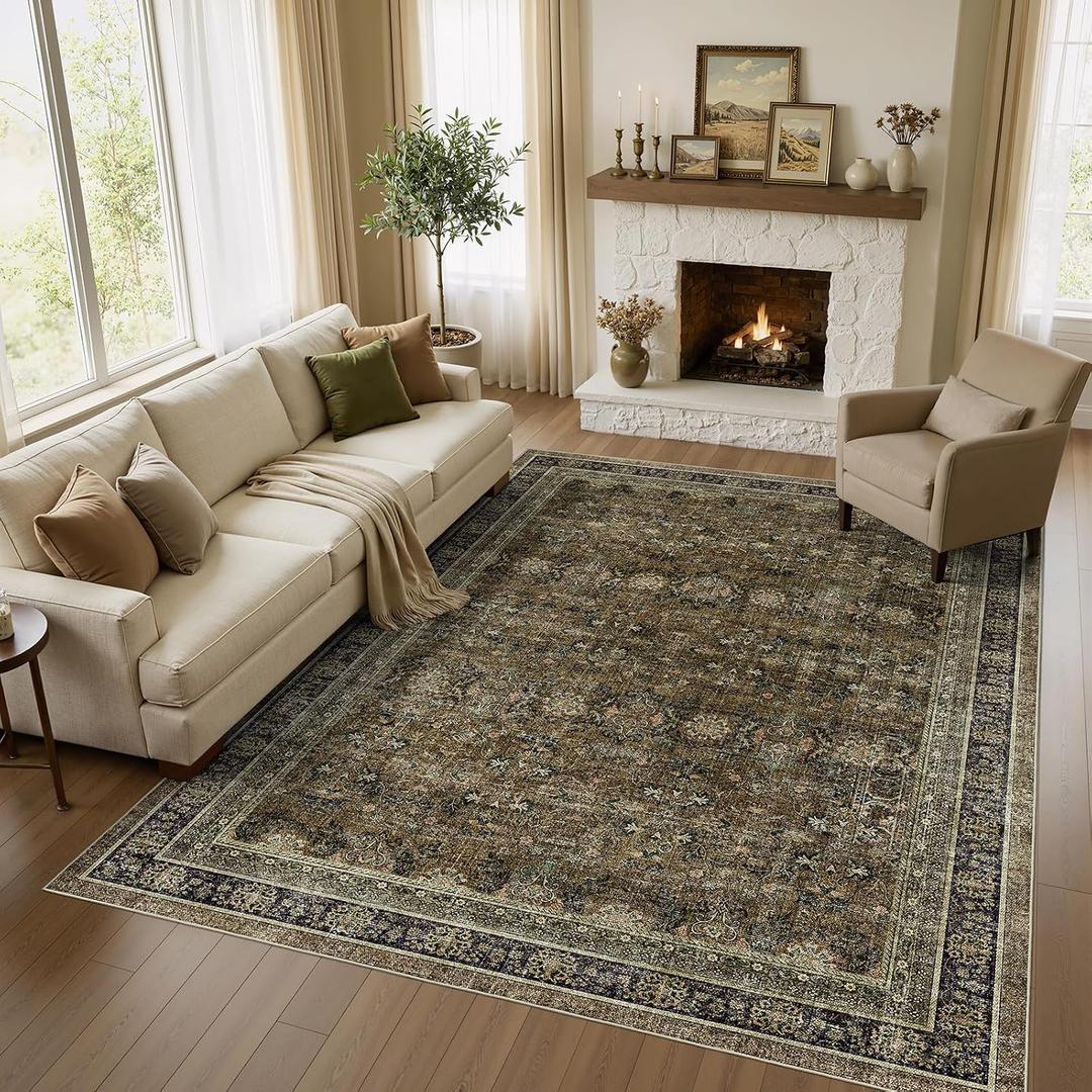 WITSHOCK 8x11 Area Rugs for Living Room - Washable Vintage Rug Retro Antique Neutral Large Non Slip Low Pile Soft Boho Indoor Floor Carpet for Bedroom Dining Room Home Decor, Olive Green&Brown