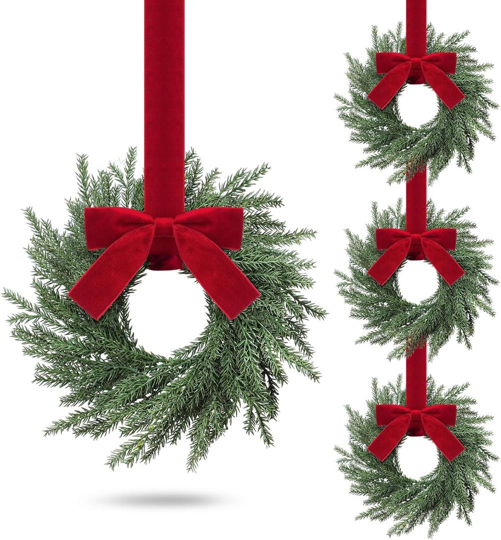 4 Pcs Small Christmas Norfolk Wreaths Evergreen 12.6 Inch Christmas Kitchen Cabinet Mini Wreaths Real Touch with Bow and Burgundy Ribbon for Xmas Front Door Window Home Table Pillar Decor