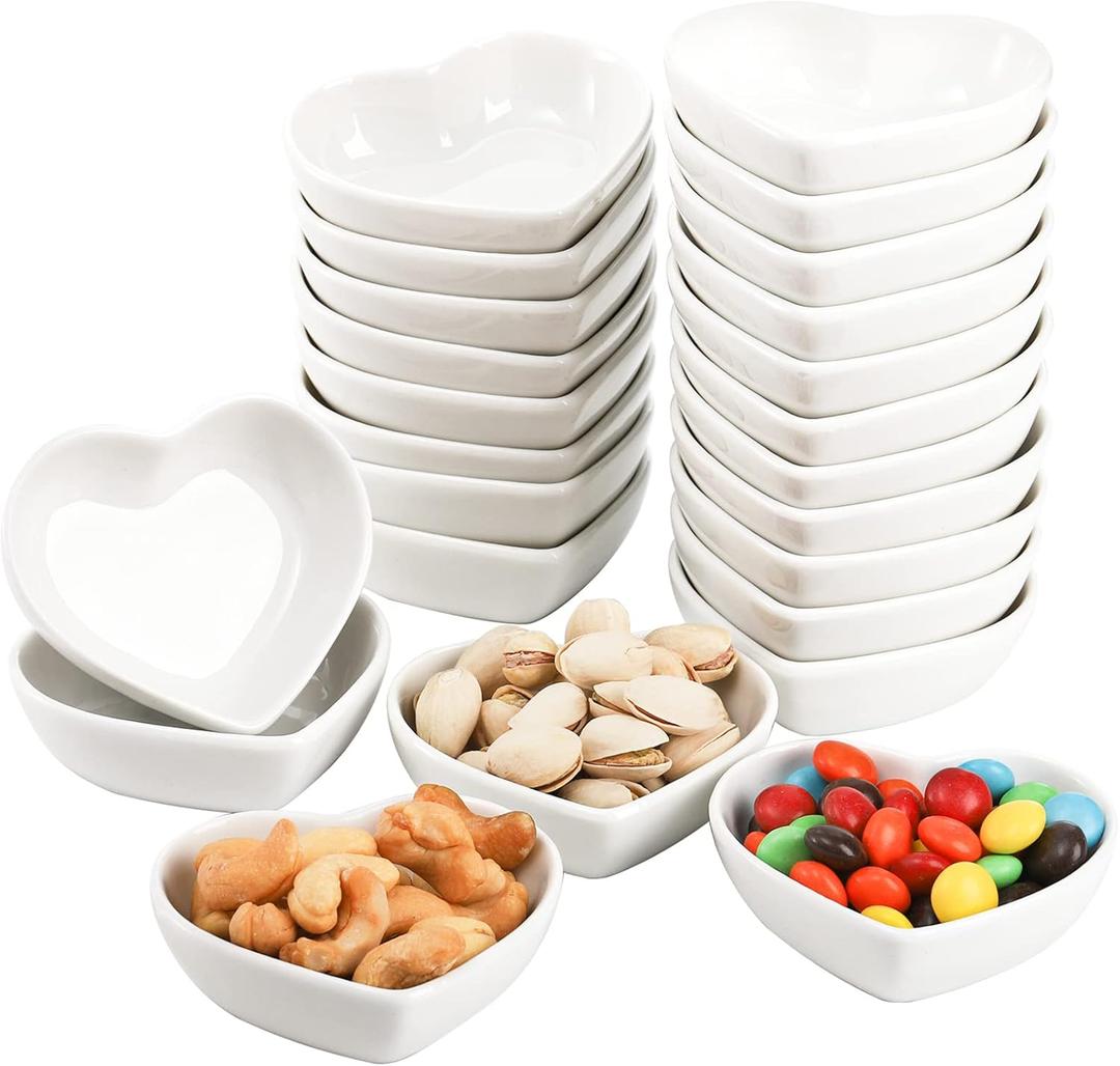 WUWEOT 24 Pack Porcelain Sauce Dish, White Heart-shaped Dip Bowls, 1.5Oz Ceramic Ring Dishes Candle Tray, Seasoning Dishes Appetizer Plates
