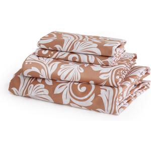 JSD Burnt Orange Paisley Cotton Queen Sheet Set, 300 Thread Count Printed Sateen Sheets, Soft Breathable Cooling Bed Sheets Deep Pocket (Brown Damask)