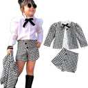 3PCS Toddler Baby Girl Ruffle Collar Button-Down Shirt + Long Sleeve Plaid Cardigan + Houndstooth Shorts Sets (4-5T, Black White)