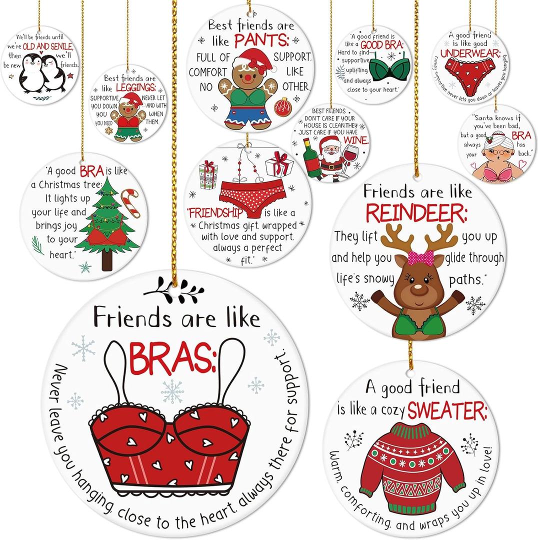 Vercraft 36 Pcs Friend Christmas Ornament 2025 12 Funny Ceramic Best Friendship Ornament 12 Gold Rope 12 Organza Bag Naughty Bra Xmas Tree Hanging Gift for Bestie Soul Women Sister Work Holiday Decor