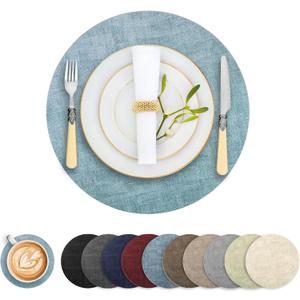 Round Faux Leather Placemats and Coasters, Set of 6, Reversible Heat Resistant Non-Slip Table Mats, Waterproof Wipeable Place Mats for Dining Table, Washable for Indoor & Outdoor (6, Blue)