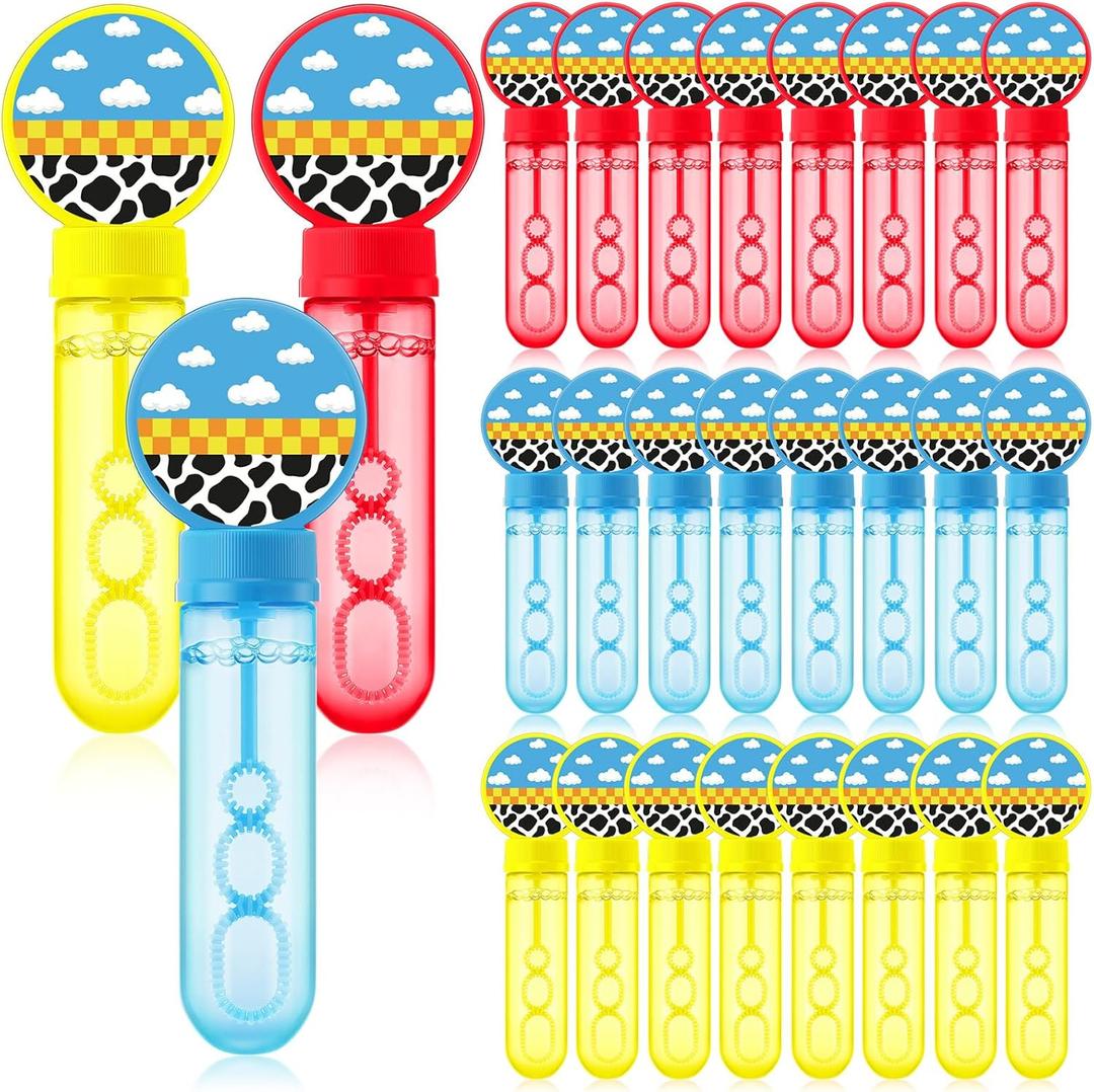 24 Pcs Cartoon Toy Bubble Wands Blue Sky White Clouds and Cow Print Mini Bubble Party Favor for Kids Toddlers Birthday Goody Bag Stuffer Filler Classroom Reward Gifts(Red, Yellow, Blue)