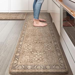 KIMODE Farmhouse Anti Fatigue Kitchen Mat, +17"x29" Vintage Kitchen Rugs, Waterproof Kitchen Floor Mats Non Slip, Comfort Foam Standing Mat for Sink, Laundry, Office, Desk Brown