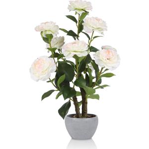 TOARTi Artificial Camellia Potted Plant with Stone Pot, 20.5" Tall Fake Potted Flowers Faux Desk Plant, Realistic Decorative Plants Indoor Decor for for Home Bedroom Bathroom Office Desk (Camellia-double Stems)