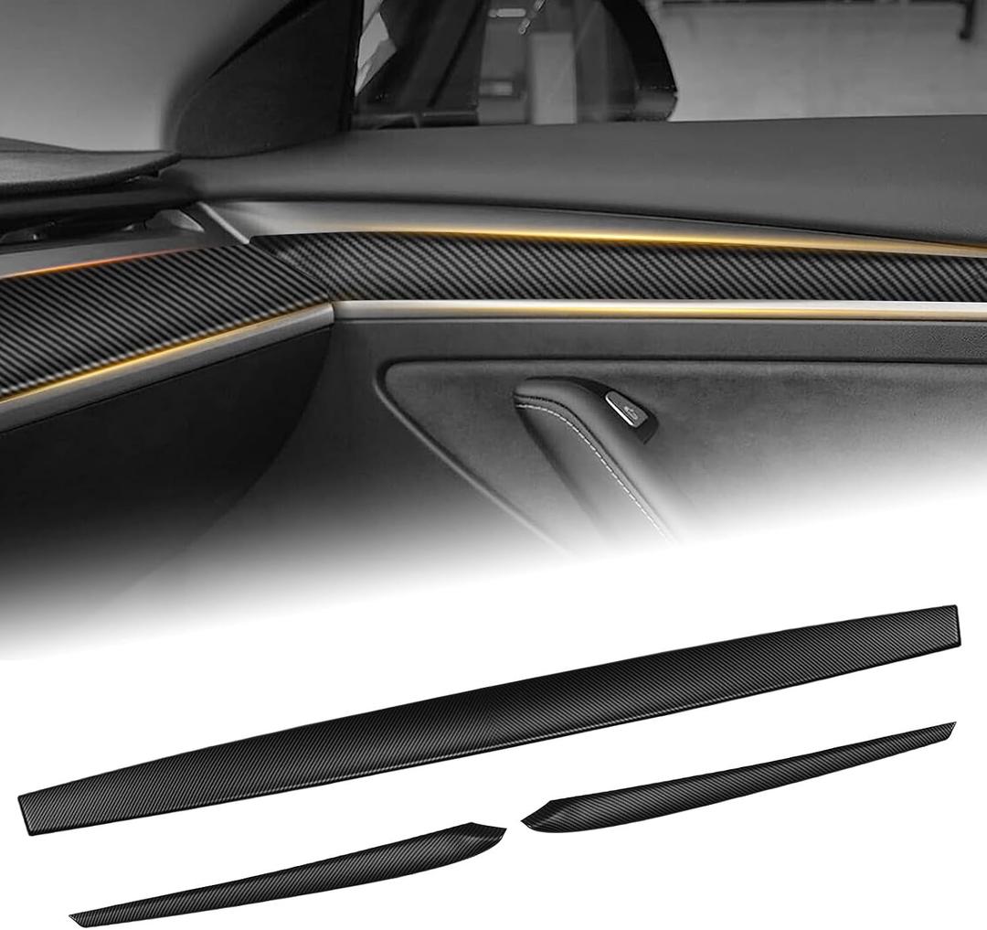 One-Piece No Gap Dashboard Cover Wrap and Front Door Trim Panel Compatible with 2019-2024 Tesla Model Y 2021-2023 Model 3 Interior (Matte Carbon Fiber)