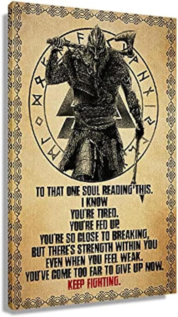 Canvas Motivational Quotes Wall Decor 'Keep Fighting' Inspirational Poster Viking Wall Art Prints Vintage Pictures Vertical Painting Home Office Decor Framed 16x24 inch(40x60cm)