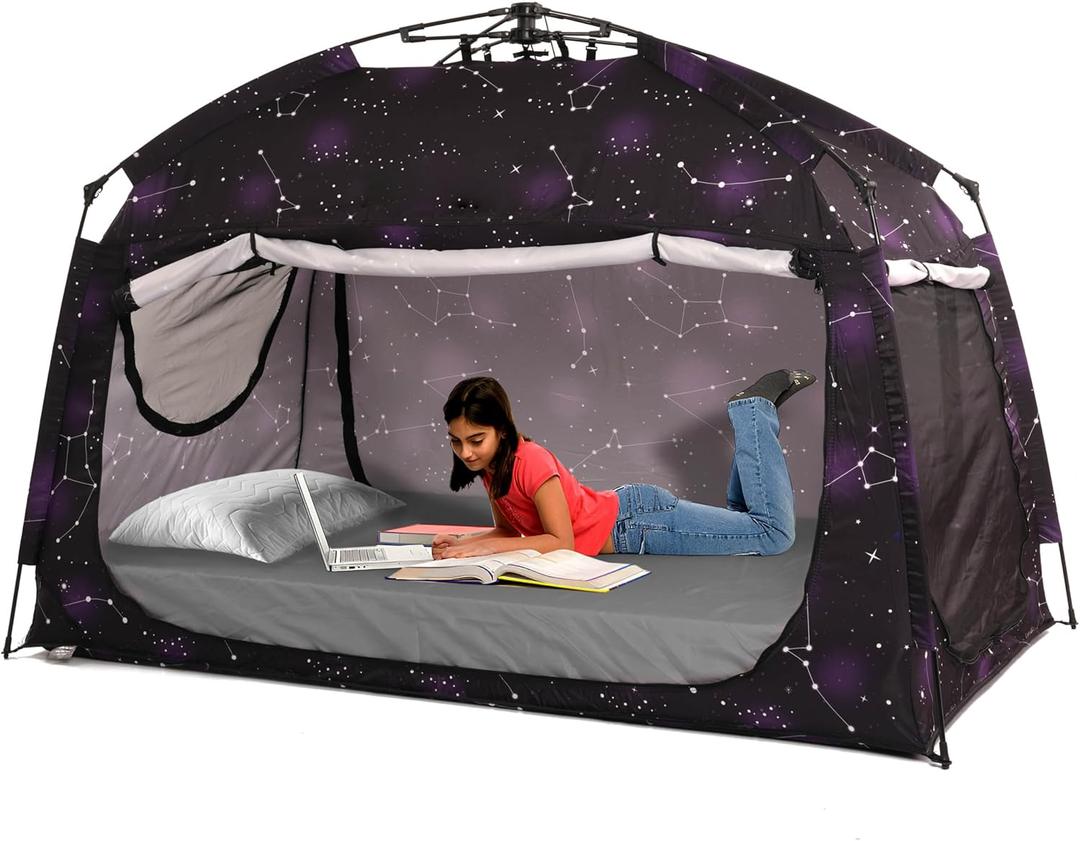 Indoor Instant Privacy Bed Tent for Sleeping, Quick Set-up Bed Canopies, Portable Bed Drapes with Large Space and 3 Doors (Starry, Twin)