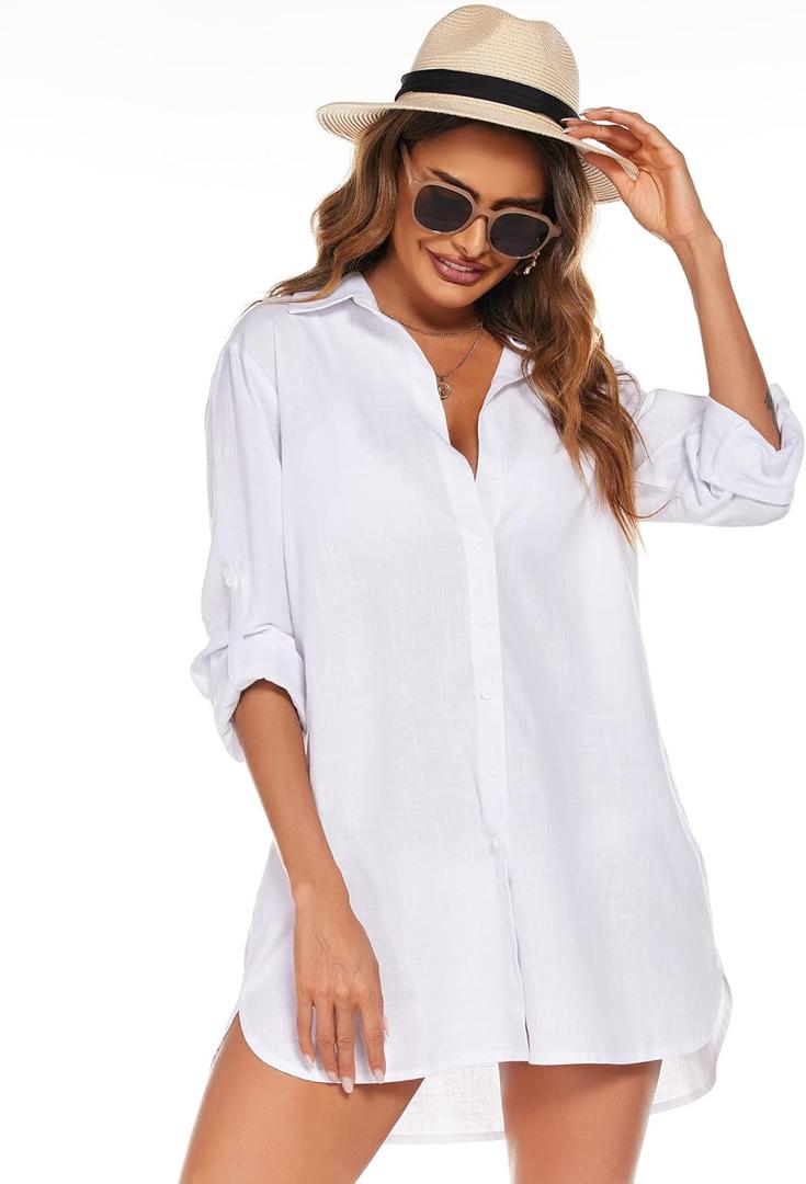 HOTOUCH Women Boyfriend Shirts Button Down Long Sleeve Blouse Cuffed Sleeve Collared Shirt (Large, A-white)