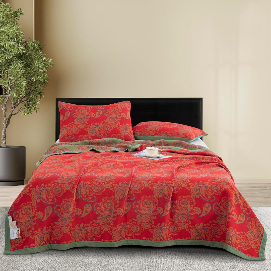 100% Cotton Muslin Blanket Jacquard Red Paisley Quilt, Super Soft 3 Layers Gauzy Breathable Reversible Lightweight Bed Cover Bedspread Coverlet for All Seasons, King(98"x94"), No Pillow Sham
