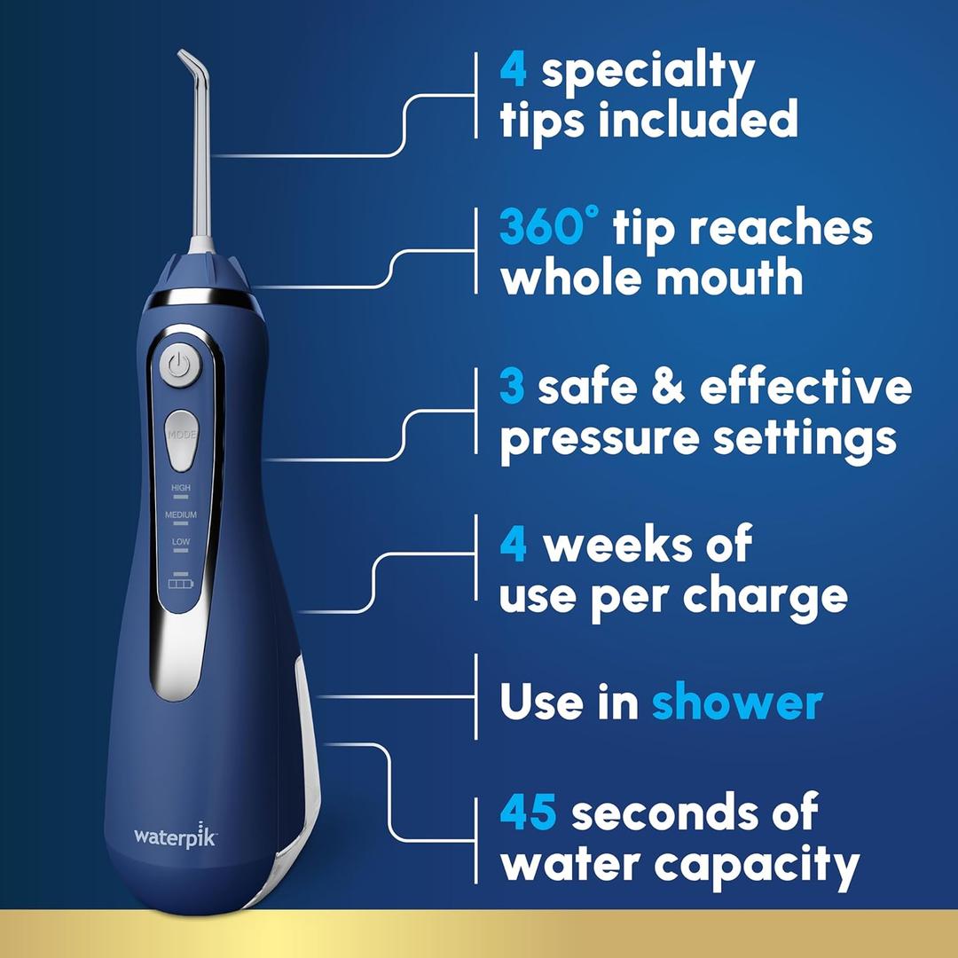 Waterpik Cordless Advanced 2.0 Water Flosser For Teeth, Gums, Braces, Dental Care With Travel Bag and 4 Tips, ADA Accepted, Rechargeable, Portable, and Waterproof, Blue WP583, Packaging May Vary