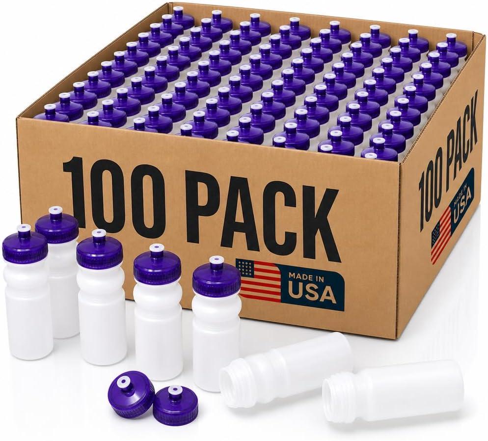 Reusable Bulk Water Bottles 100 Pack - 20 Oz Sports Water Bottles, USA Made, BPA-Free, Wide Mouth for Easy Cleaning, Dishwasher Safe, Break Resistant