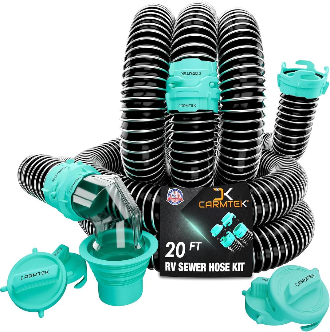 CARMTEK RV Sewer Hose Kit, 20 Ft, with Smart Adapter, Clear Elbow and Caps