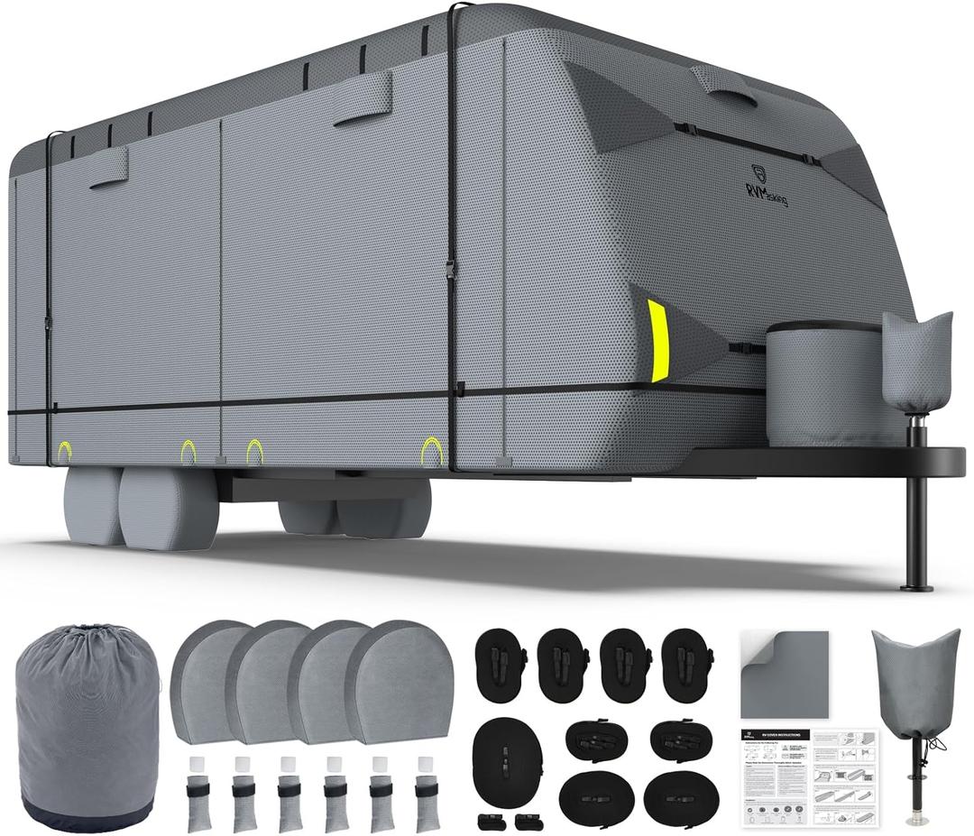 RVMasking Travel Trailer RV Cover 22-24ft, 7 Layers Extra-Thick Camper Cover Waterproof Windproof for Toy Hauler with 4 Tire Covers & Tongue Jack Cover, Durable Trailer Cover for RVs, Medium Gray