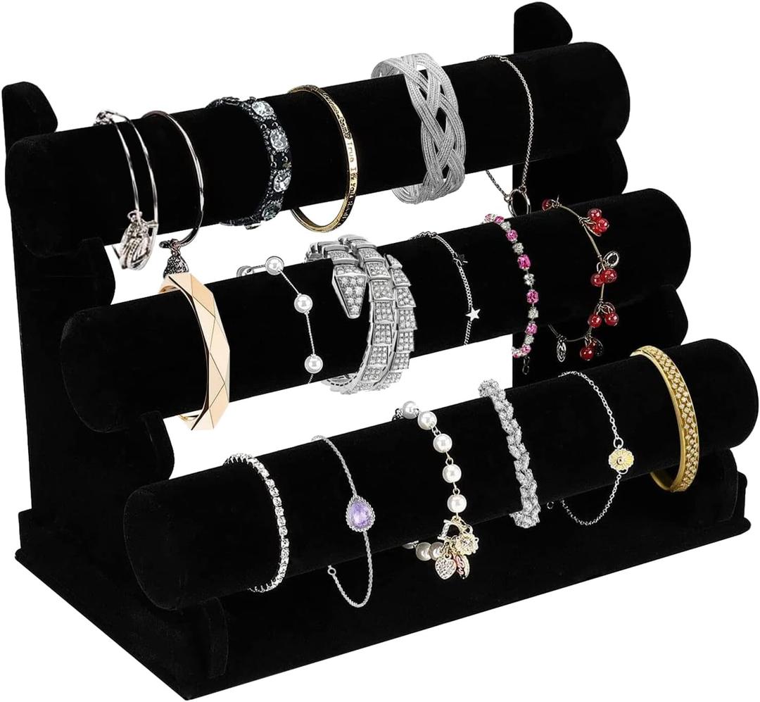 OSPNIEEK Velvet Bracelet Holder with 3 Tier Rack, Black Detachable Jewelry Display Stand T-Bar Necklace Storage Organizer for Bangles Watch Bracelets Scrunchies Organization Showcase OSPNIEEK Velvet Bracelet Holder with 3 Tier Rack, Black Detachable Jewelry Display Stand T-Bar Necklace Storage Organizer for Bangles Watch Bracelets Scrunchies Organization Showcase