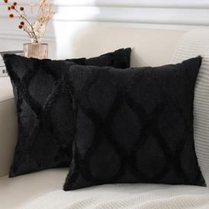 decorUhome Throw Pillow Covers 18x18 Inch Set of 2, Soft Plush Faux Fur Wool Black Couch Pillow Covers, Decorative Neutral Pillow Cases for Bed Sofa Living Room Home Decor