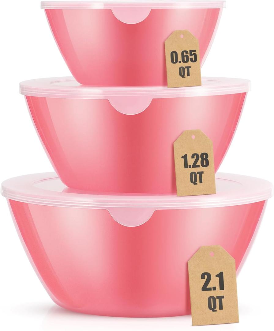 Mixing Bowls with Lids Set of 3 Lightweight Serving Bowl with lid Nesting Plastic Salad Bowls with Lids for Kitchen Prepping, Baking, Serving, Microwave Safe, Dishwasher Safe (Pink)