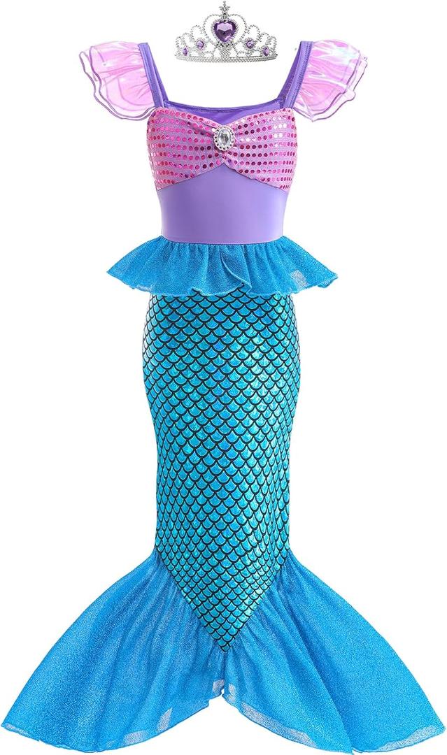 Mermaid Dress, Mermaid Tail Costume, Little Girls Princess Dress up with Crown for Girl 3-4  (Blue)