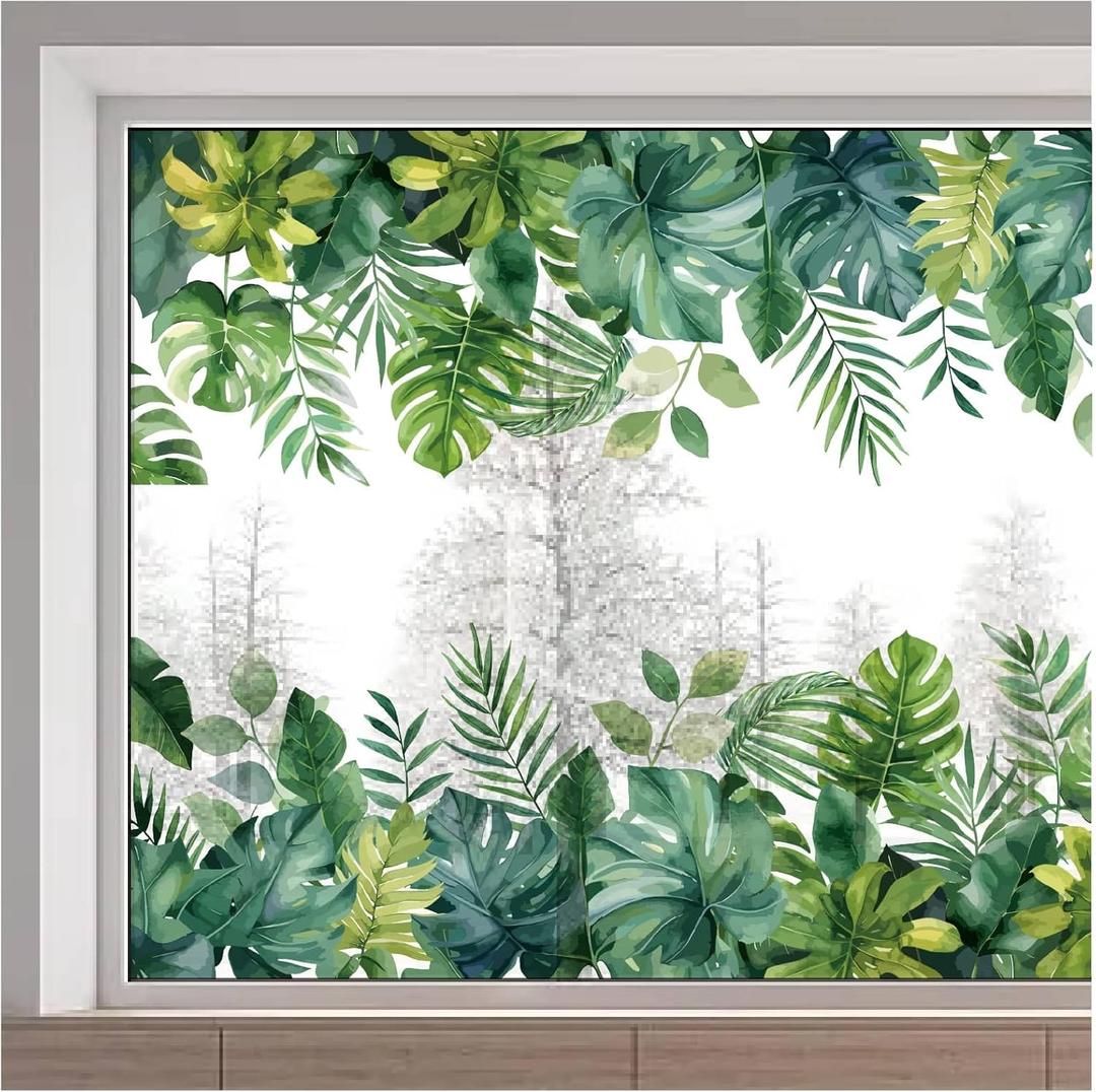 GORGECRAFT 15x46inch Tropical Window Glass Decals Static Non Adhesive Green Plant Leaf Flower Botanical Reusable Double Sided Anti Collision Non-Adhesive Window Decals Cling for Home Room Sliding Door
