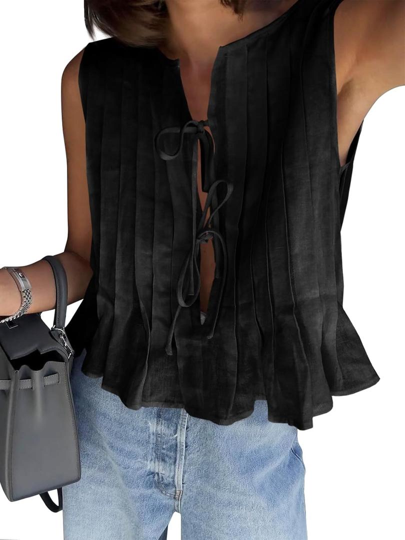 Cicy Bell Womens Bow Front Tie Tank Tops Pleated Babydoll Top Sleeveless Cute Coquette Shirt Summer Outfits (Small, Black)