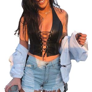 Women's Sexy Adjustable Spaghetti PU Leather Bustier Crop Tube Top Rave Dance Cutout Cami Tank Tops