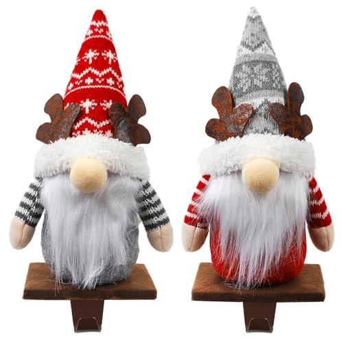 Aoutrow 2 Pack Christmas Gnome Stocking Holders, 11 Inches Plush Elk Gnomes Figurines Hanging Hooks for Stockings, Metal Stocking Hangers for Fireplace, Mantle, Shelves Christmas Decorations