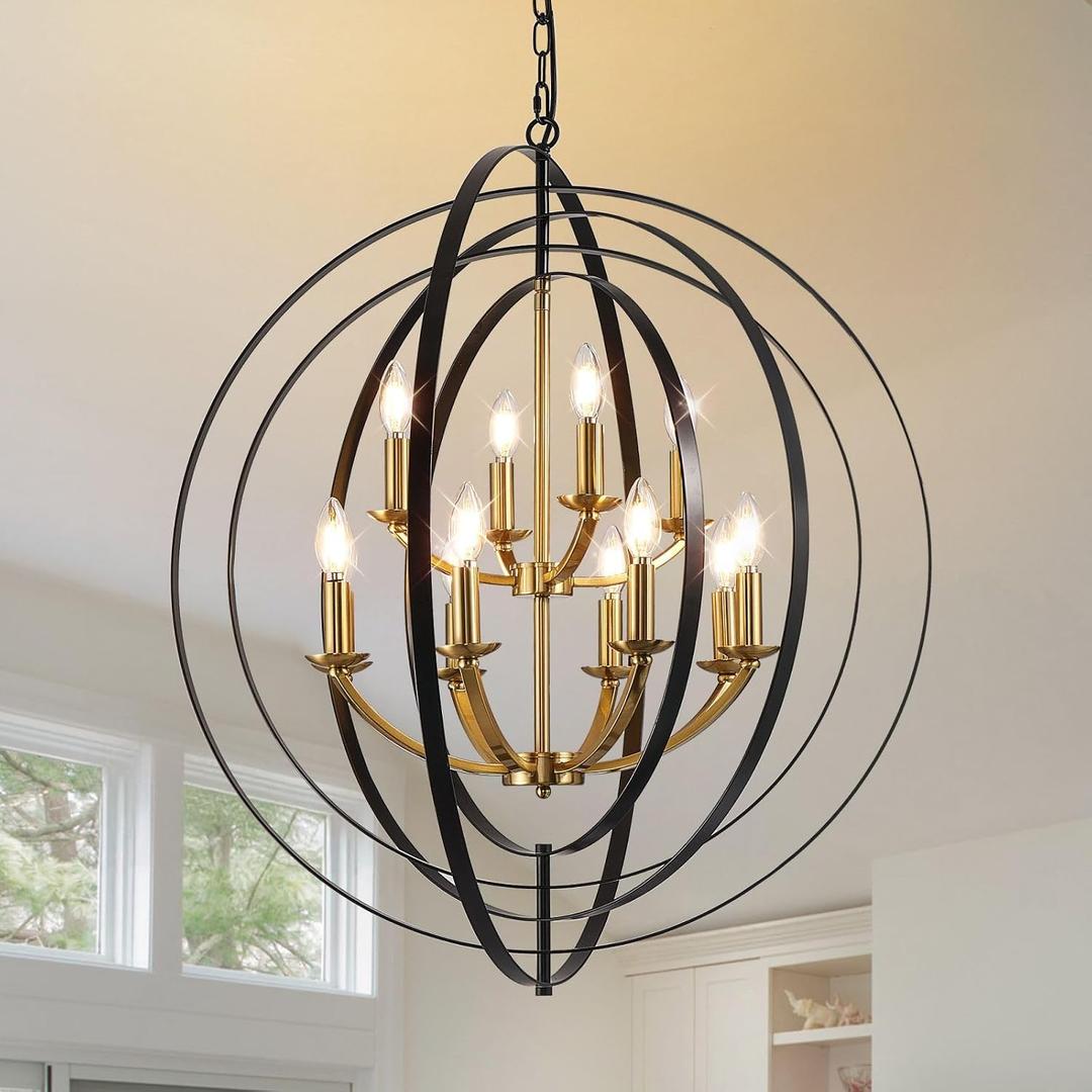 WJShome 31.5" Black and Gold Chandelier, 12-Light Modern Chandelier for Entryway, Round Pendant Light Fixtures, Large Foyer Chandeliers for High Ceilings, Adjustable Hanging Ceiling Lighting Fixtures