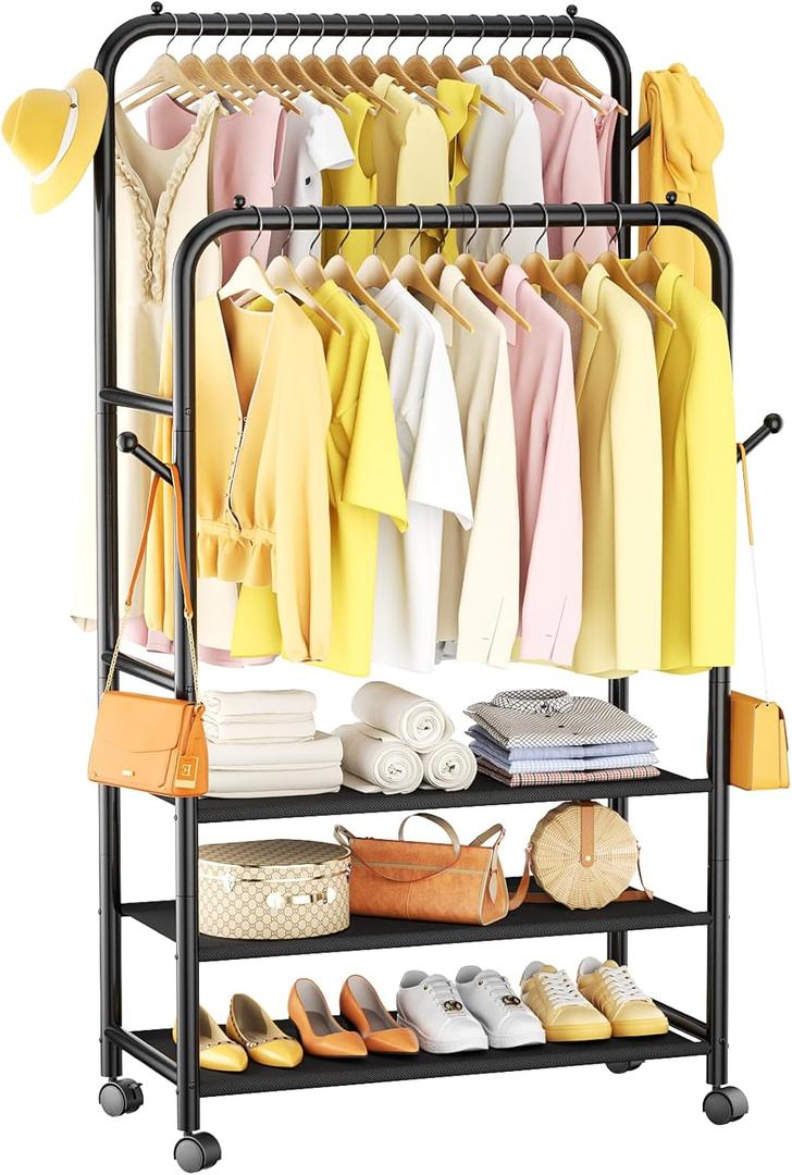 Furologee Clothes Racks for Hanging Clothes, Portable Rolling Garment Rack, Sturdy Metal Freestanding Cloths Rackswith Wheels, Double Rods Wardrobe Racks for Bedroom Laundry Living Room (3-Tier Shelf)