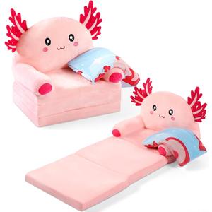 Burbell Toddler Chairs Comfy Axolotl Toddler Couches That Fold Out with Blanket 2-in-1 Kids Fold Out Couch Velvet Child Foldable Convertible Sofa to Lounger 1-7 Years Old (Light Pink)