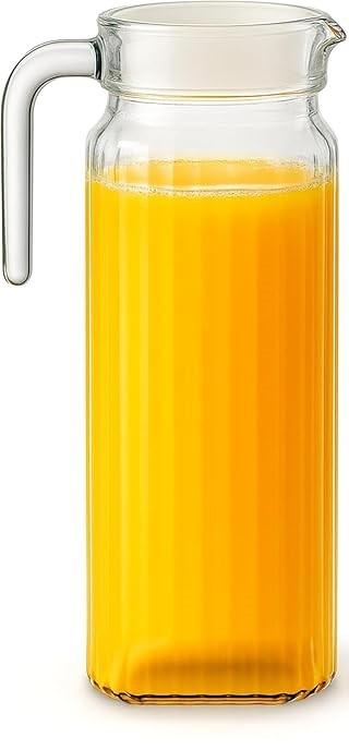 Glass Pitcher - (1 Pack) 1.7 Liter / 55 oz Clear Glass Pitchers with Handle and Lid - with Ribbed Design and Vented Spout - for Fridge Shelf and Everyday Use