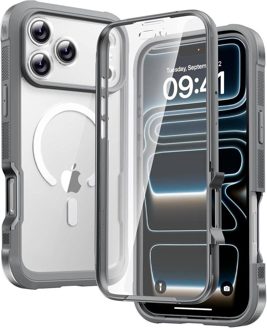 Diaclara Magnetic Designed for iPhone 17 Pro Case Full Body Bumper,[Compatible with MagSafe] Military Drop Proof Cover with Built-in Touch Sensitive Anti-Scratch Screen Protector, Grey Titanium