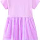 Toddler Girls Cotton Embroidery Applique Short Sleeve Dresses 2-7Y (Purple)