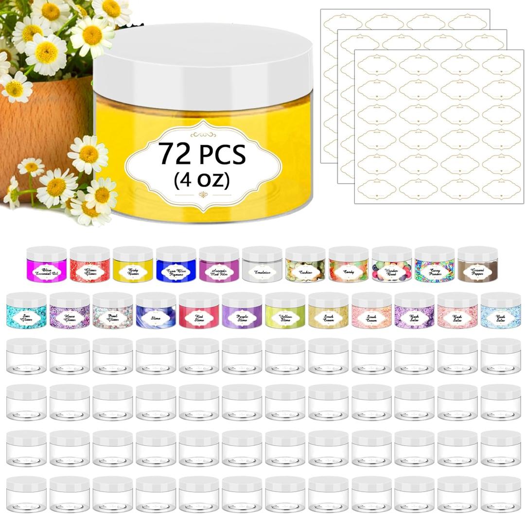 PeacePeo 72 Pcs Plastic Jars, 4 OZ Plastic Jars with White Lids Round Clear Storage Containers Jar Leak Proof Slime Containers with Lids for Travel Refillable Slime Storage Jar for Beauty Product