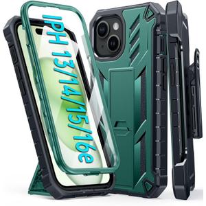 FNTCASE for iPhone 15 Phone Case: for iPhone 14 & 13 & 16e Case Military Shockproof Protective Rugged Cell Phone Cover with Kickstand & Belt-Clip Holster, Heavy Duty Hard Cases 5G - 6.1 Inch Green