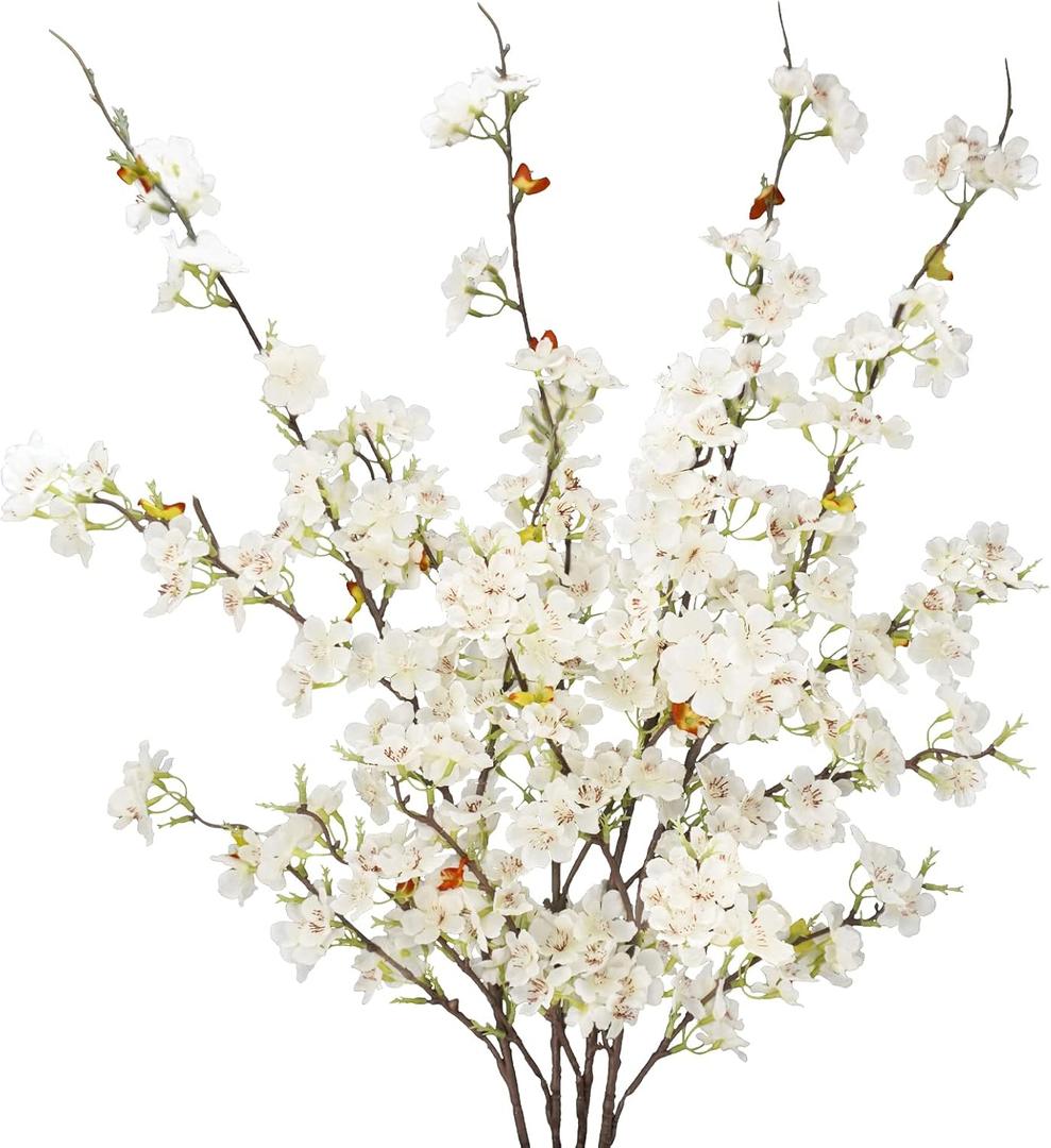 4pcs Artificial Cherry Blossom Flower Branches, 39.4" Fake Silk Pink Cherry Blossom Tree Stems Faux Cherry Flowers Vase Arrangements for Home Wedding Table Centerpieces Vase DIY Decor, White
